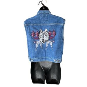 Smith & Wesson Vintage Women's Embroidered Wolf Denim Cropped Button Vest Size M